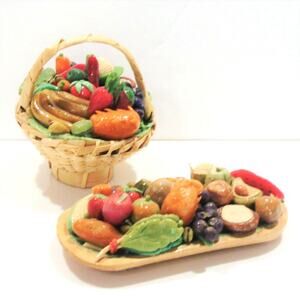 Carved Wood Mini Fruit Baskets Clay Doll House Bowl Tray 5" Figurines Handmade
